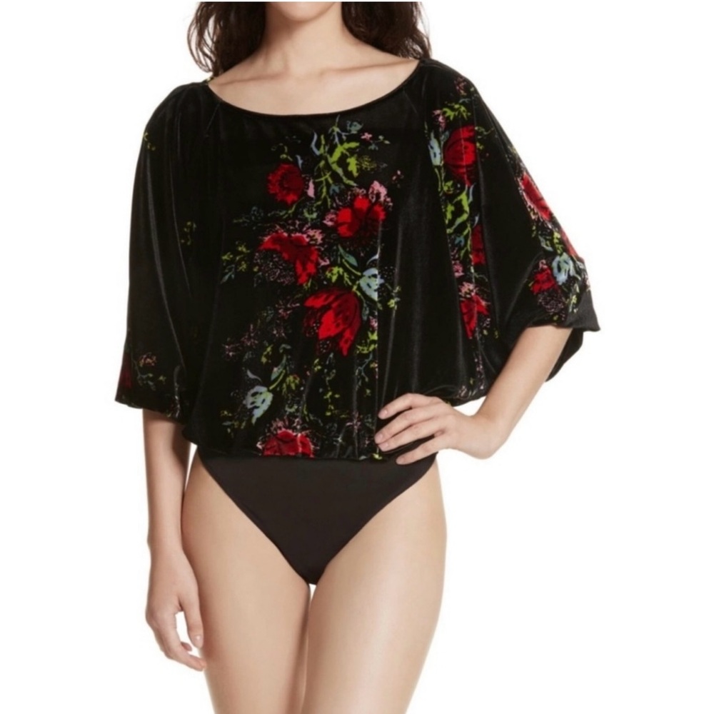Free People Intimately Black Floral Crushed Velvet 3/4 Sleeve Bodysuit Sz Small